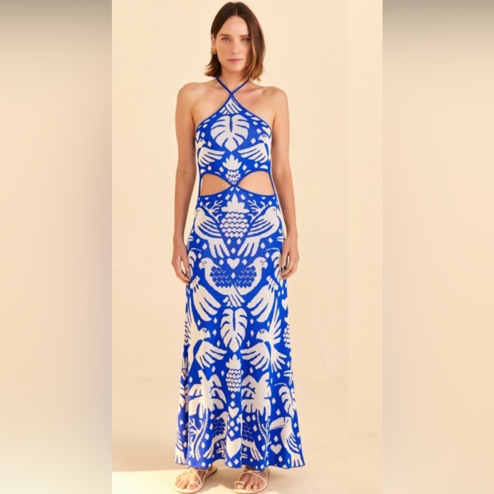 Farm Rio knit dress blue white tropical 🌴 print
